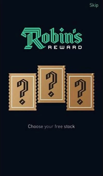 Archived Robin's Reward screen showing three mystery stock cards